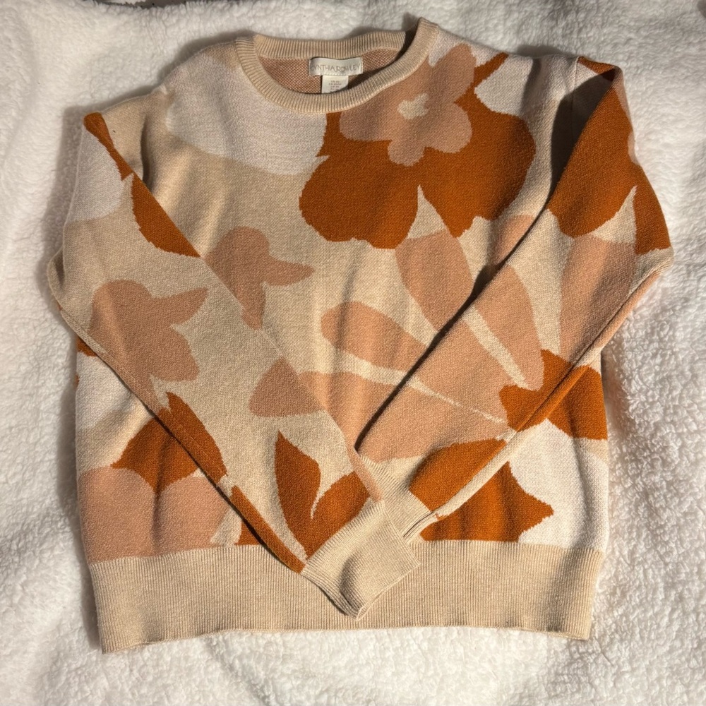 Cynthia Rowley Tan and Cream Floral Knit Crew Neck Sweater